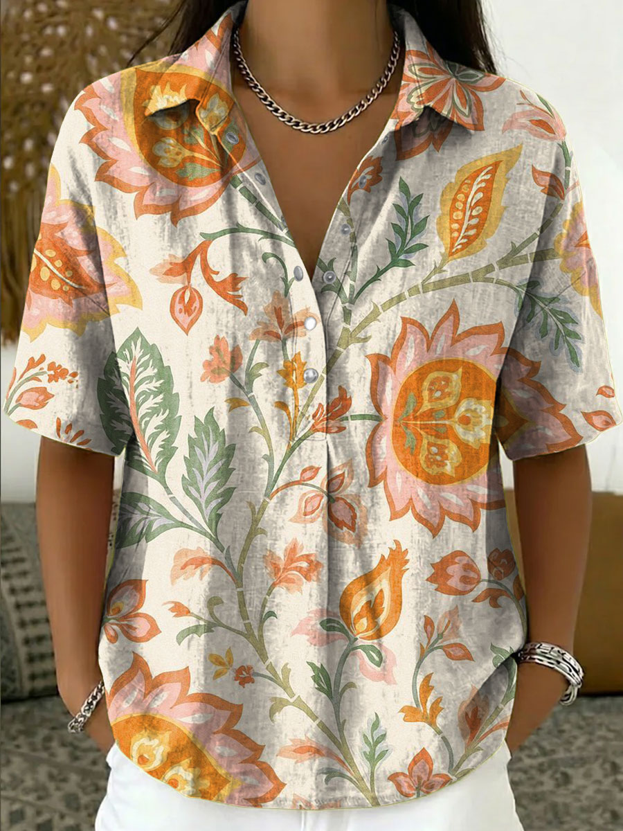 Women's Vintage Botanical Floral Casual Polo Collar Short-sleeved Linen And Cotton Shirt