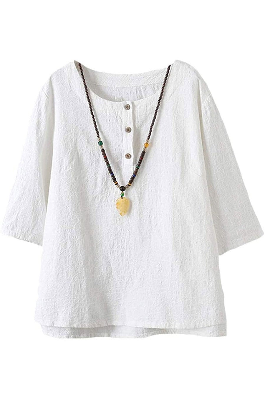 Solid Color Buttons Round Neck 3/4 Sleeves Shirts