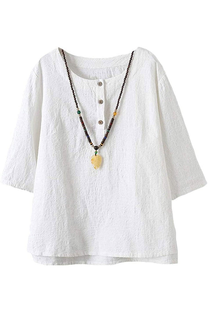 Solid Color Buttons Round Neck 3/4 Sleeves Shirts