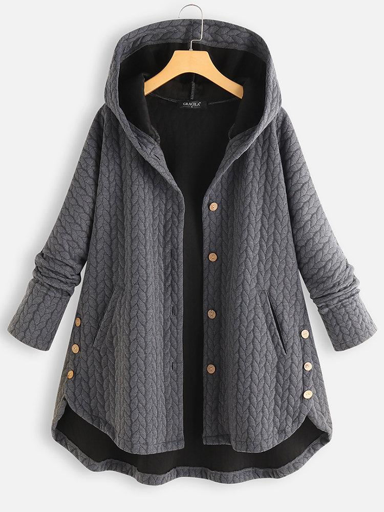 Women's Solid Color Long Sleeve Ireegular Hem Button Up Hooded Jacket