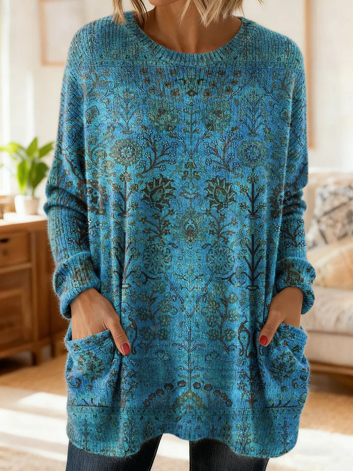 Women's Retro Ethnic Art Print Casual Long-Sleeved Round Neck Cotton Knit Sweater