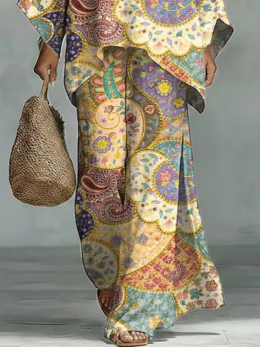Women's Vintage Ethnic Floral Art Comfortable Loose Cotton Linen Wide-leg Pants Two-piece Set