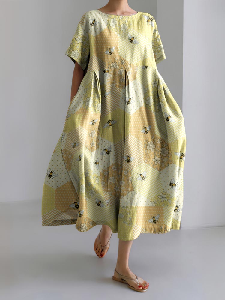 Squares Patchwork Honey Bees Embroidery Art Print Casual Midi Dress