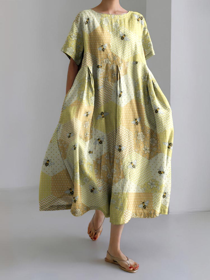 Squares Patchwork Honey Bees Embroidery Art Print Casual Midi Dress