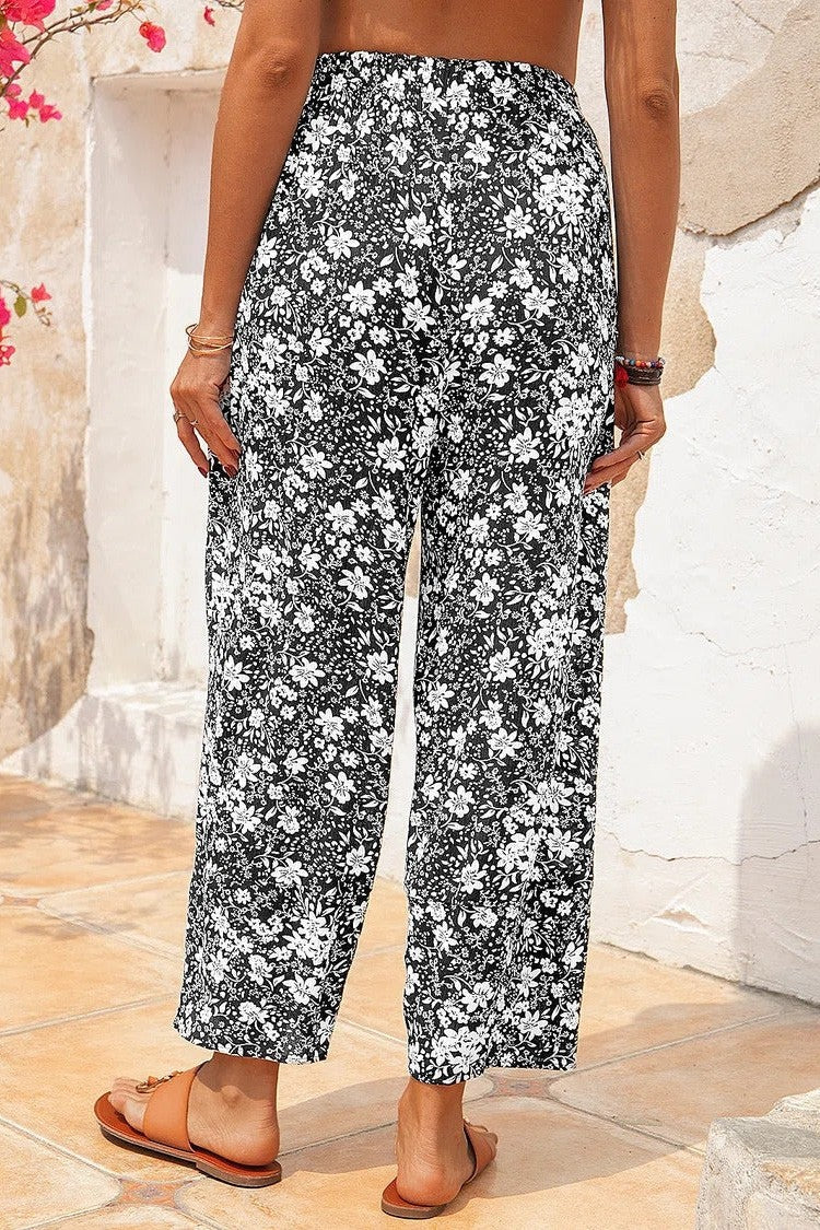 Floral Print with Pockets Elastic Waist Pants