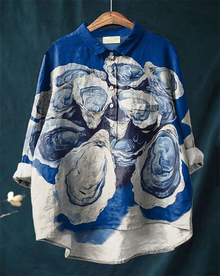 Vintage Blue Oyster Print Cotton and Linen Shirt