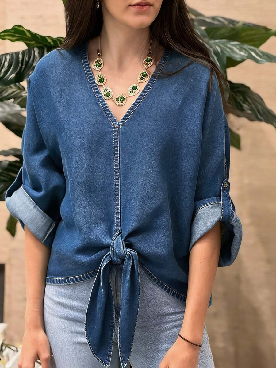 Women's V-neck Long-sleeved Tie-waist Loose-fitting Denim Top