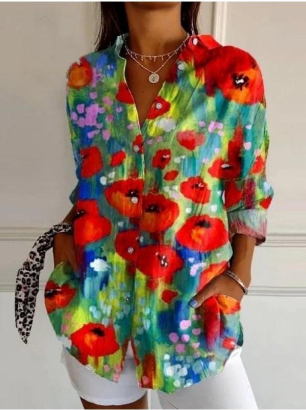 Women's Shirt Cotton Button Up Floral Geometric Basic Blouse Casual Long Sleeve Shirt Collar Daily Top