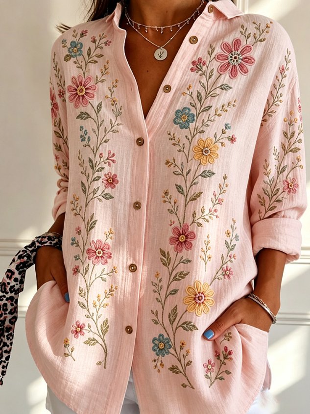 Women's Floral Print Loose Fit Long Sleeve Shirt