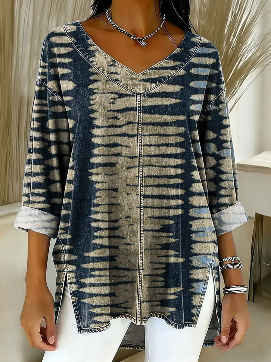 Women's Geometry Color Splicing Gradient Art Casual Washed Denim  Top
