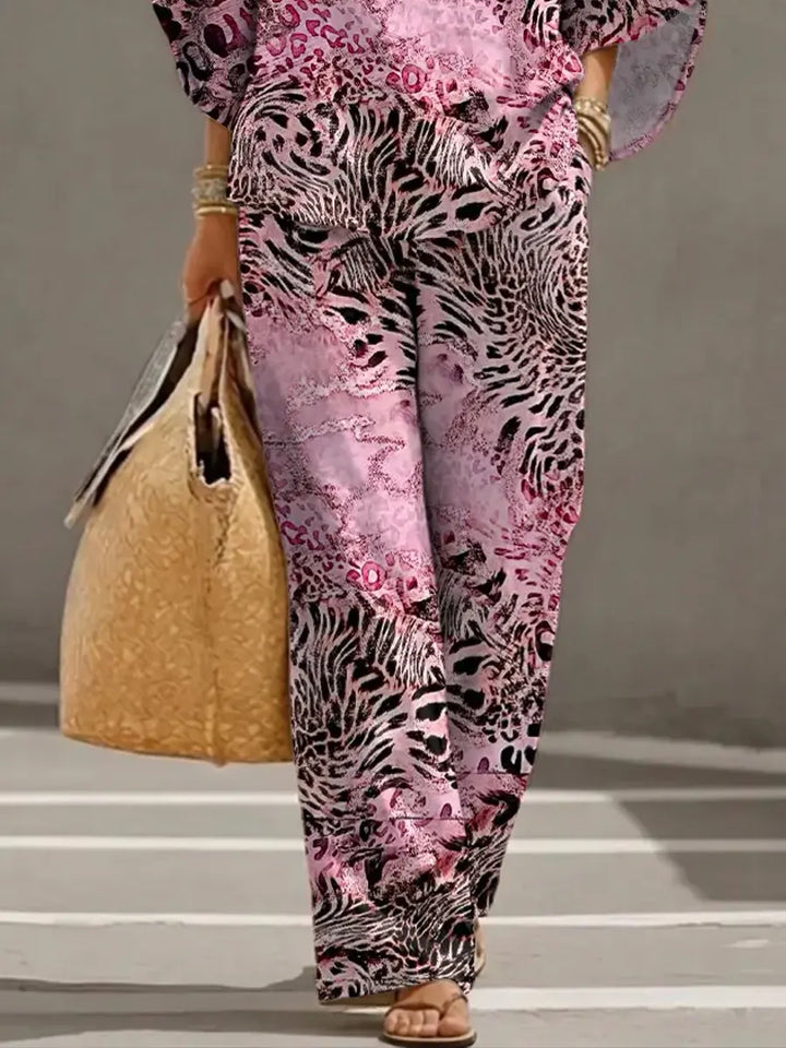 Women's Retro Leopard Art Print Casual 3/4 Sleeve Top And Pants Cotton Linen Suits