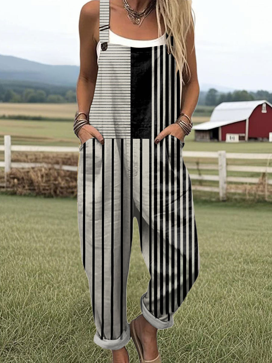 Women's  Vintage Abstract Geometric Art Printed Casual Cotton Wide Leg Jumpsuit