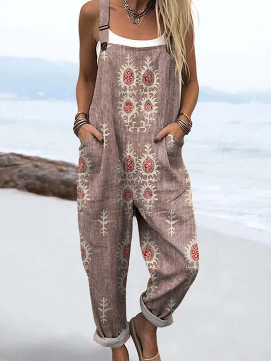 Women's Vintage Floral Pattern Art Print Casual Cotton Wide Leg Jumpsuit