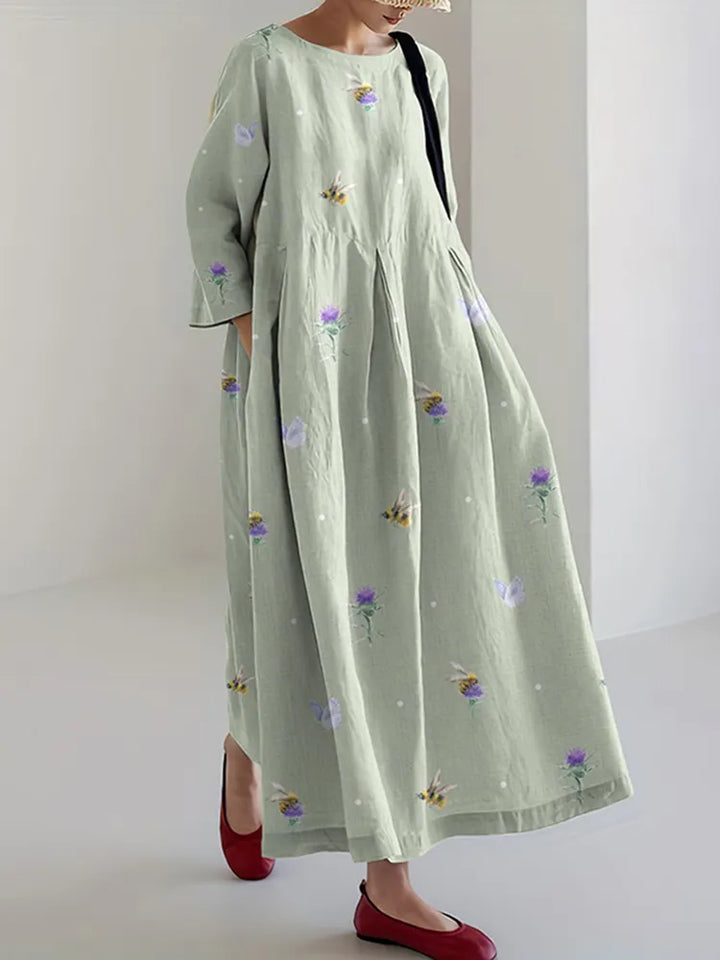 Cozy Floral Bee Butterfly Graphics Linen Blend Comfy Maxi Dress