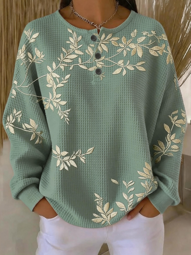 Vintage Henley Collar Leaf Sweatshirt