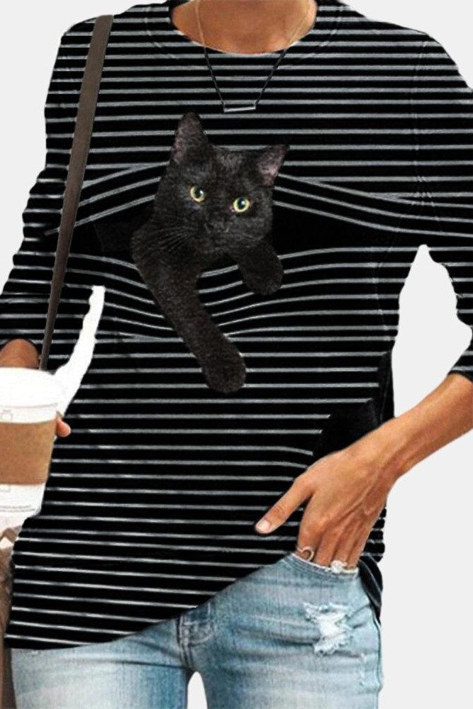 Stripe Cat Print Round Neck Long Sleeves Sweatshirt