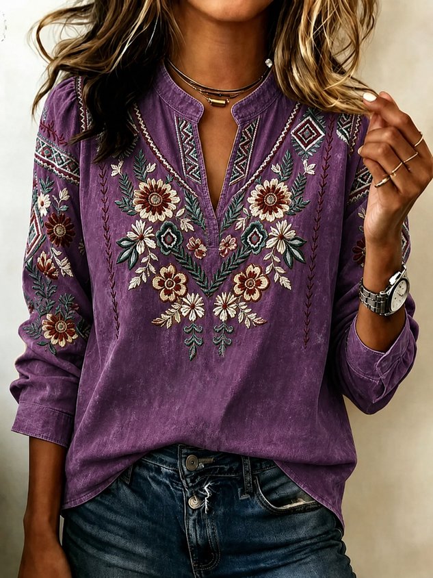 Women Geometric Casual Blouse V Neck Long Sleeve Printing Top
