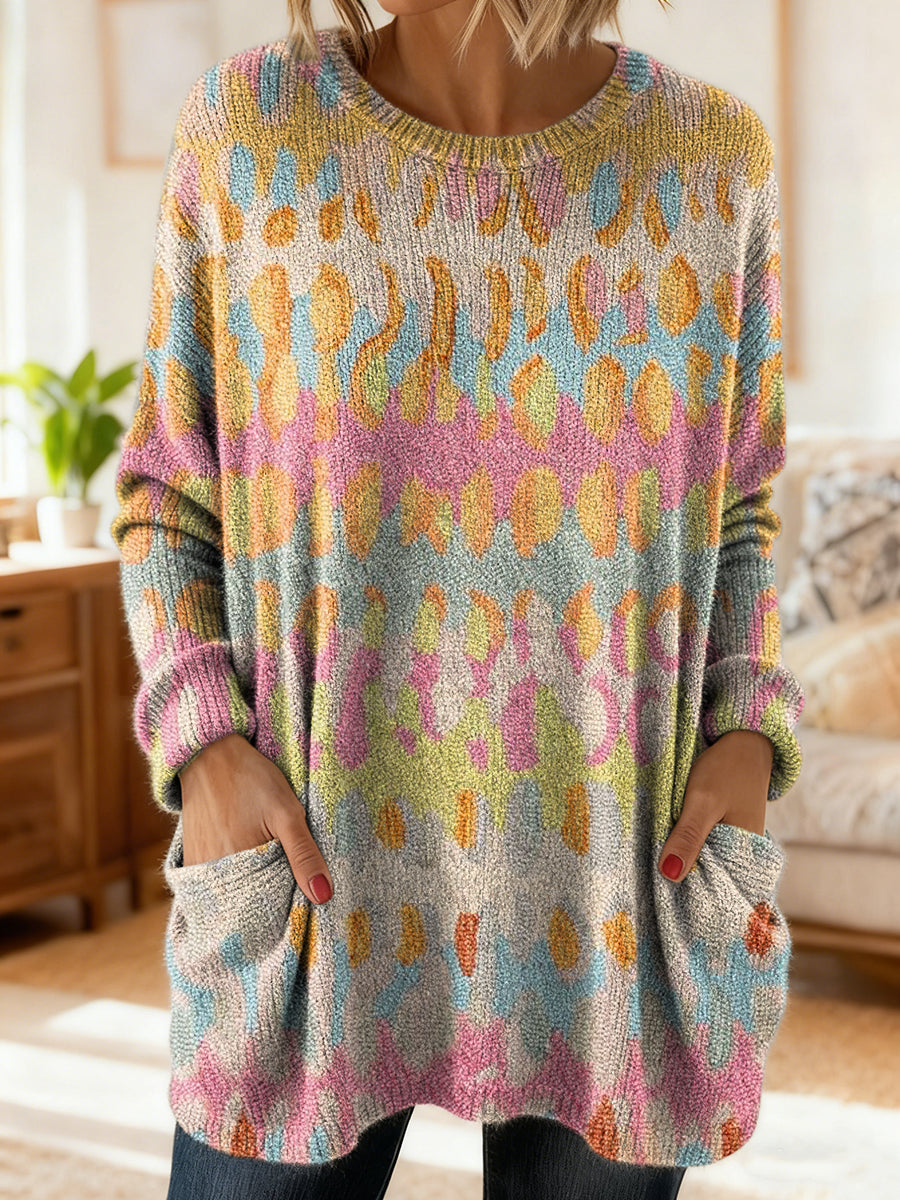 Women's Art Print Casual Long-Sleeved Round Neck Cotton Knit Sweater