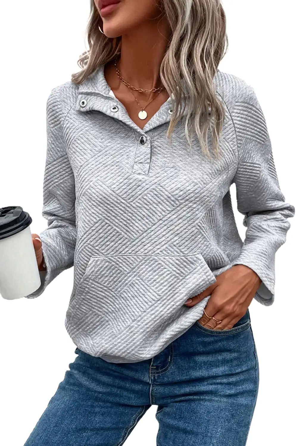 Light Grey Textured Buttoned Sweatshirt