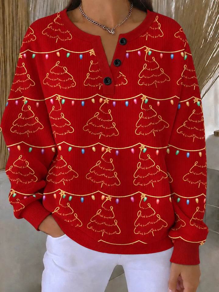 Buckle Henley Collar Christmas Tree Elegant Sweatshirt