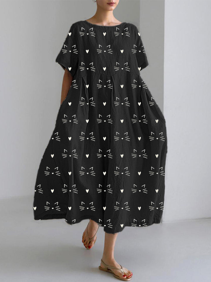 Cute Cat Face Printed Linen Blend Dress