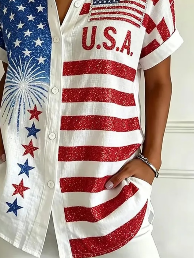 Women's Independence Day Flag Print Loose Fit Short Sleeve Button Up Shirt