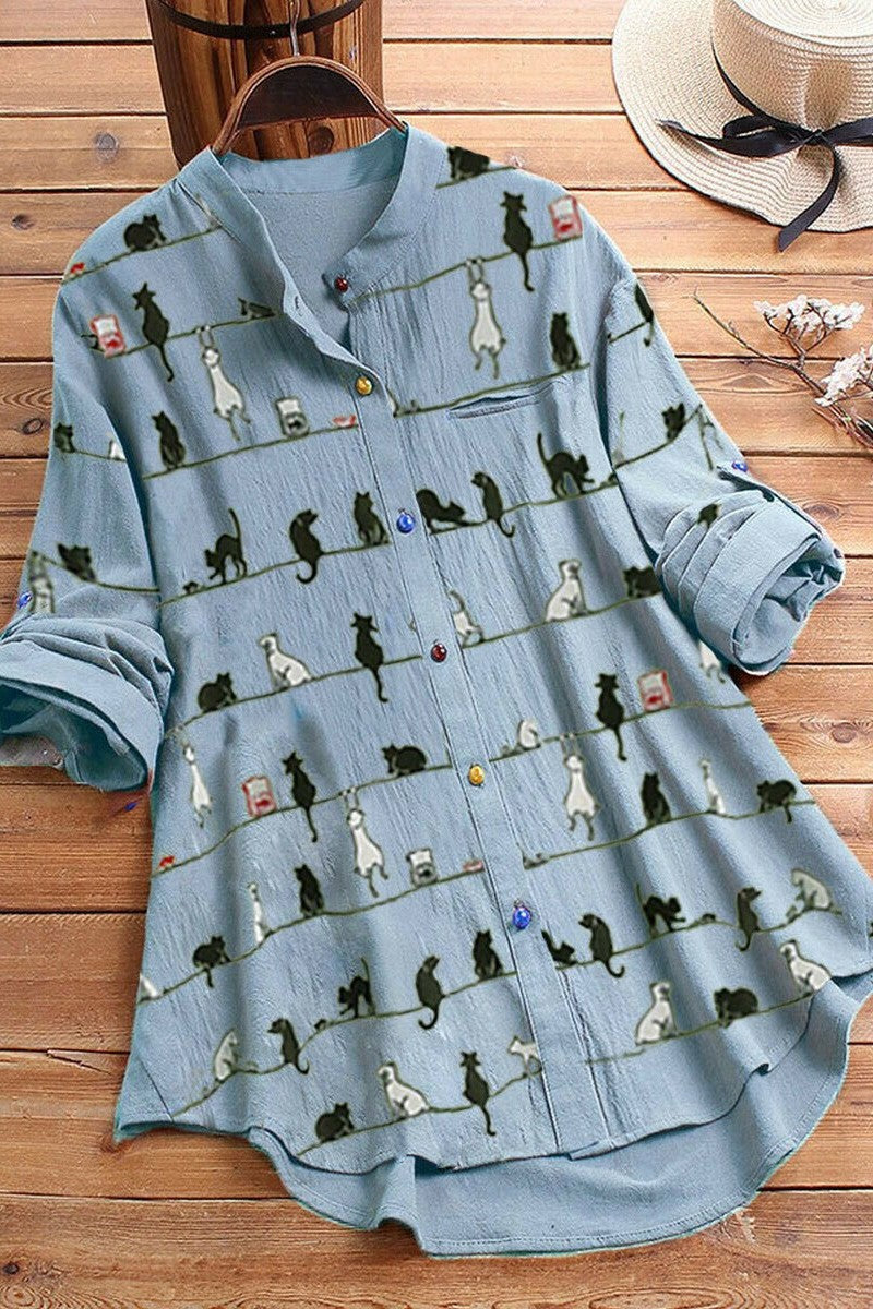Cartoon Cat Print Buttons Long Sleeves Blouse