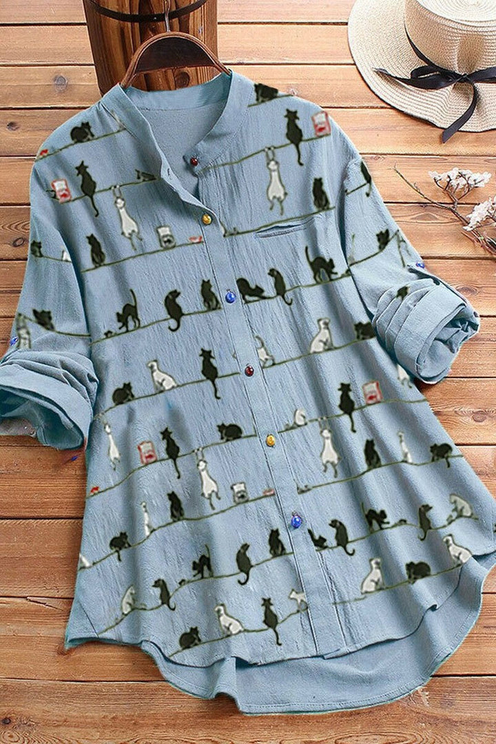 Cartoon Cat Print Buttons Long Sleeves Blouse
