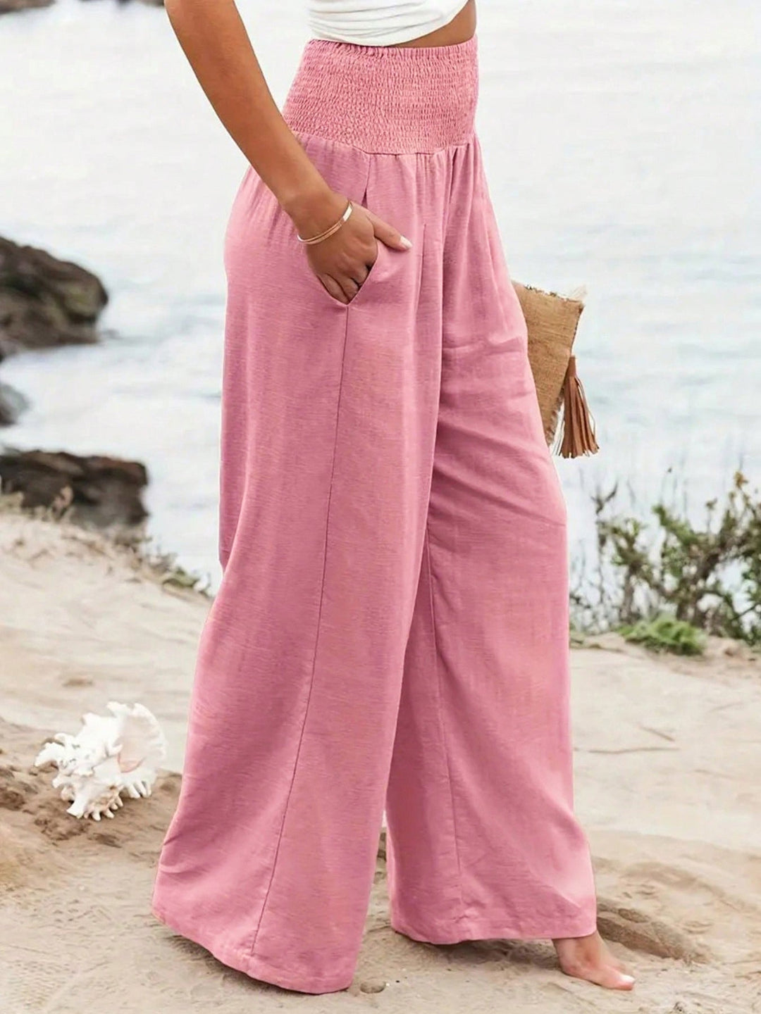 Women's Pink Pleated Cotton And Linen Casual Pants