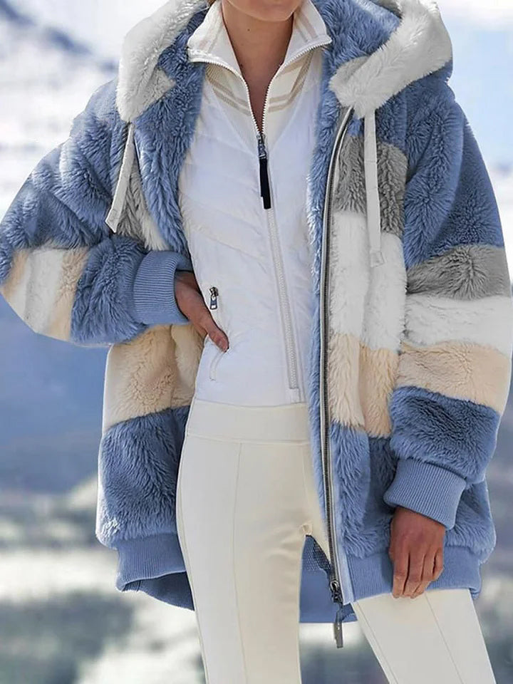 Autumn and Winter Loose Plush Multicolor Hooded Jacket