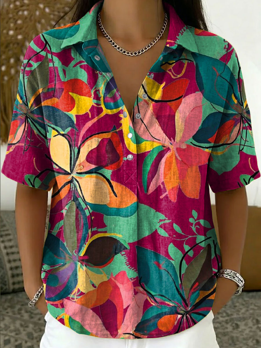 Women's Vintage Botanical Floral Casual Polo Collar Short-sleeved Linen And Cotton Shirt