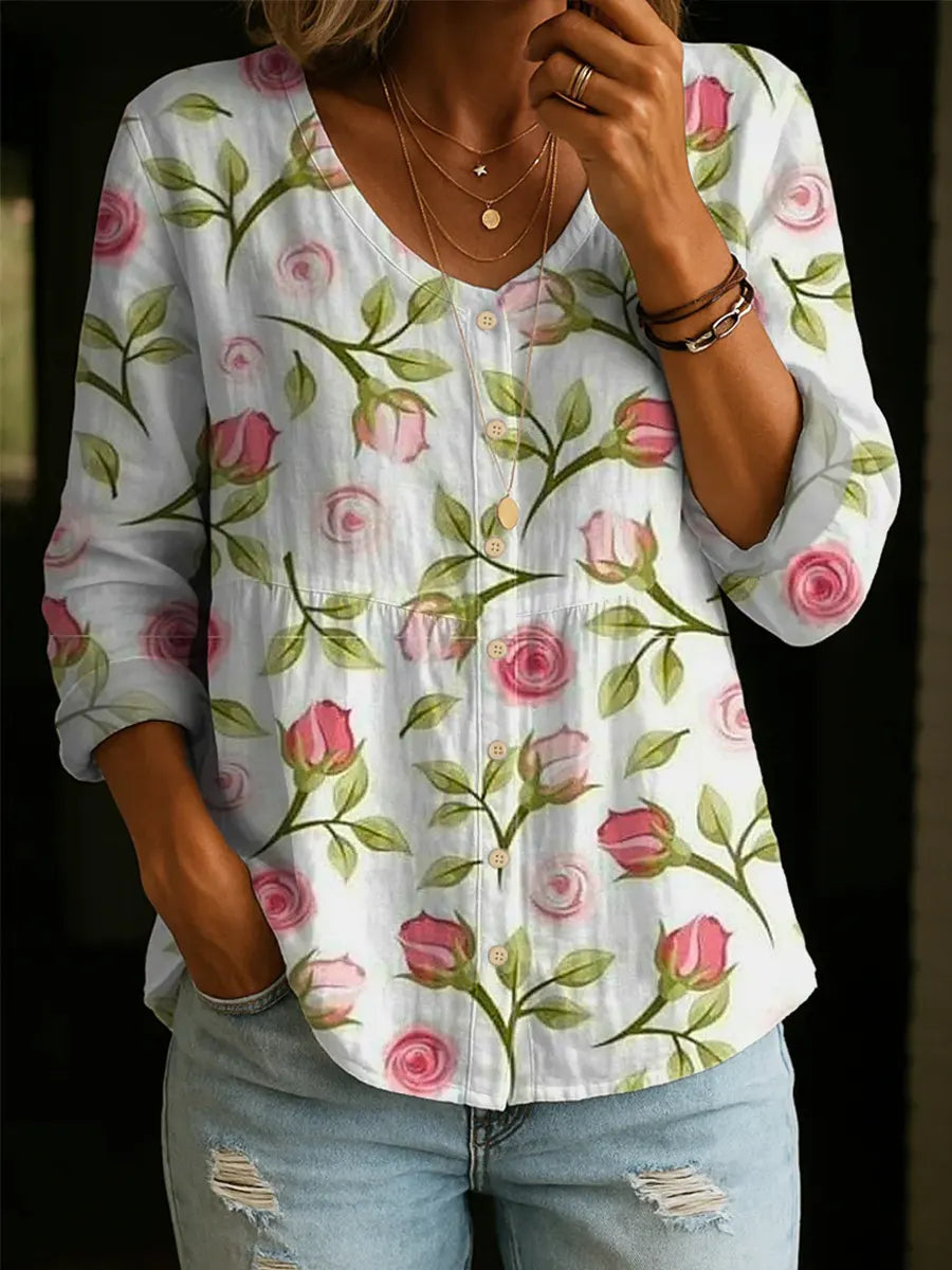 Breathable Floral Cotton Shirt for Women - Casual Short Sleeve Summer Art Print Top