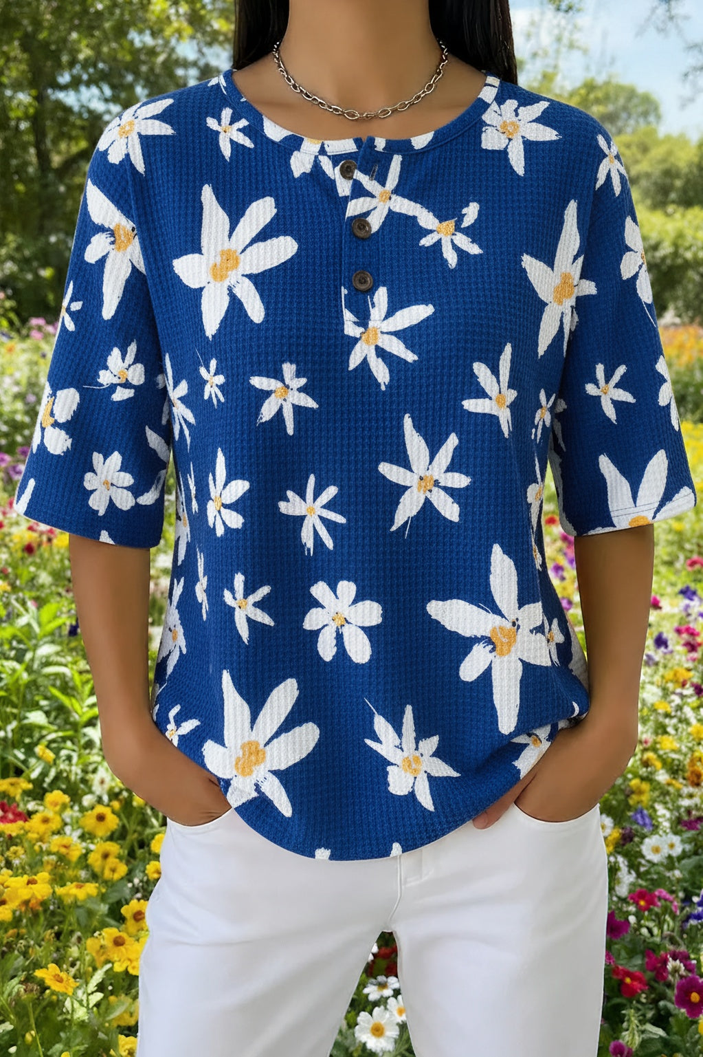Womens Navy White Daisy Print Casual Waffle Cotton Shirt