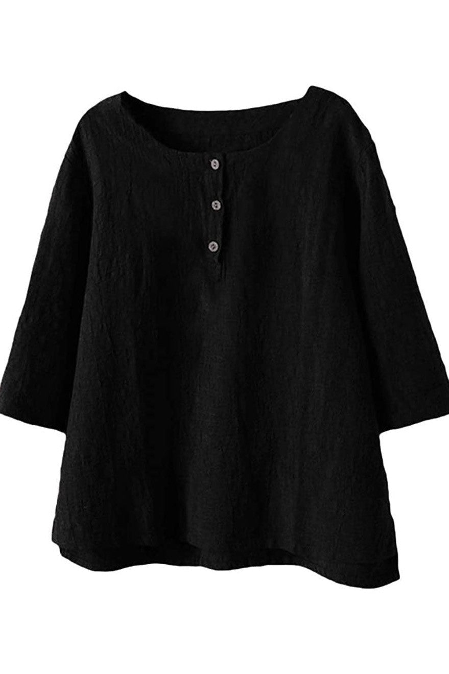 Solid Color Buttons Round Neck 3/4 Sleeves Shirts