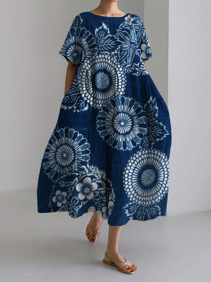 Cherry Blossom Floral Japanese Art Linen Blend Maxi Dress