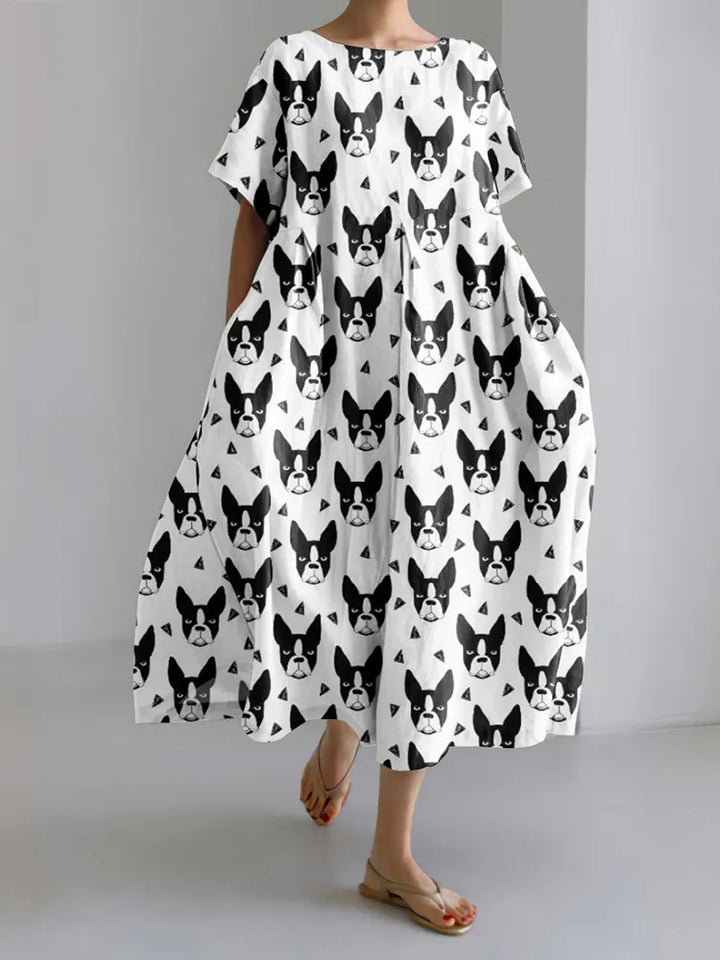 Dog Print Loose Short Sleeve Midi Dress