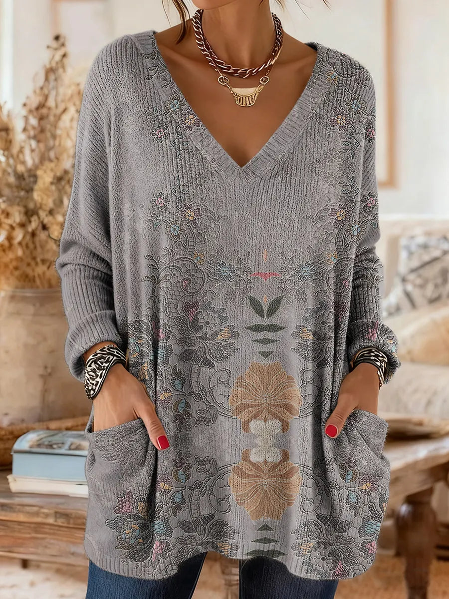 Women's Retro Floral Texture Art Print V-Neck Casual Long-Sleeve Sweater