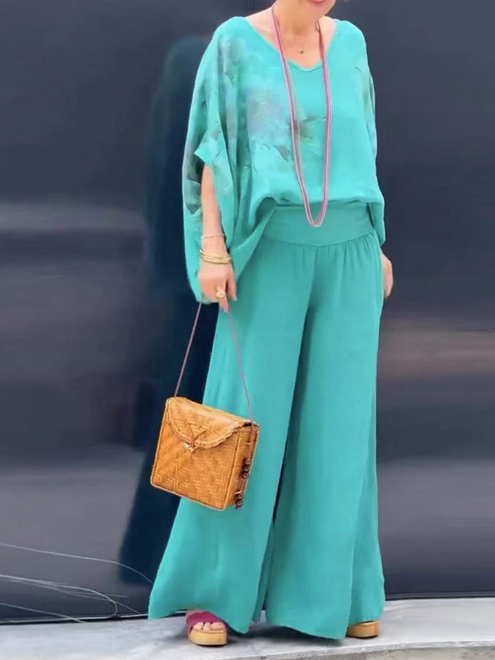 Women's Abstract Print Cotton Linen Set: V-neck Top & Wide Leg Pants