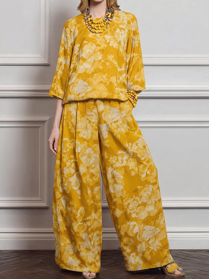 Women's Loose-fit Cotton-linen Top & High-waisted Wide-leg Pants Set