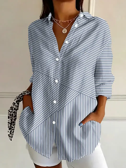 Women's Striped Button Up Loose Fit Long Sleeve Shirt