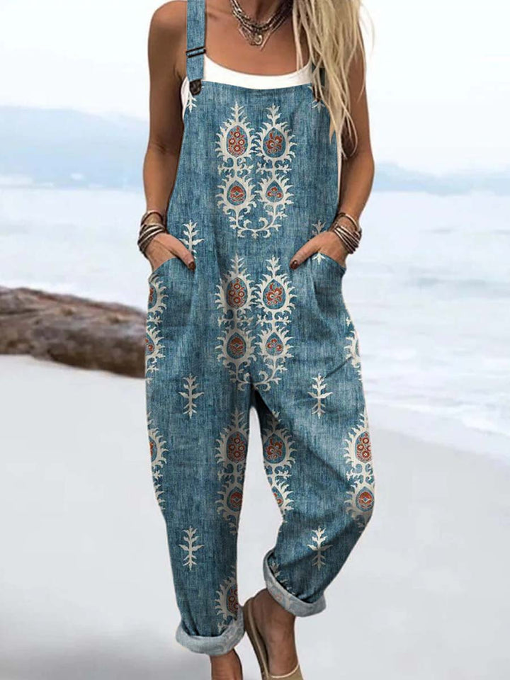 Women's Vintage Floral Pattern Art Print Casual Cotton Wide Leg Jumpsuit
