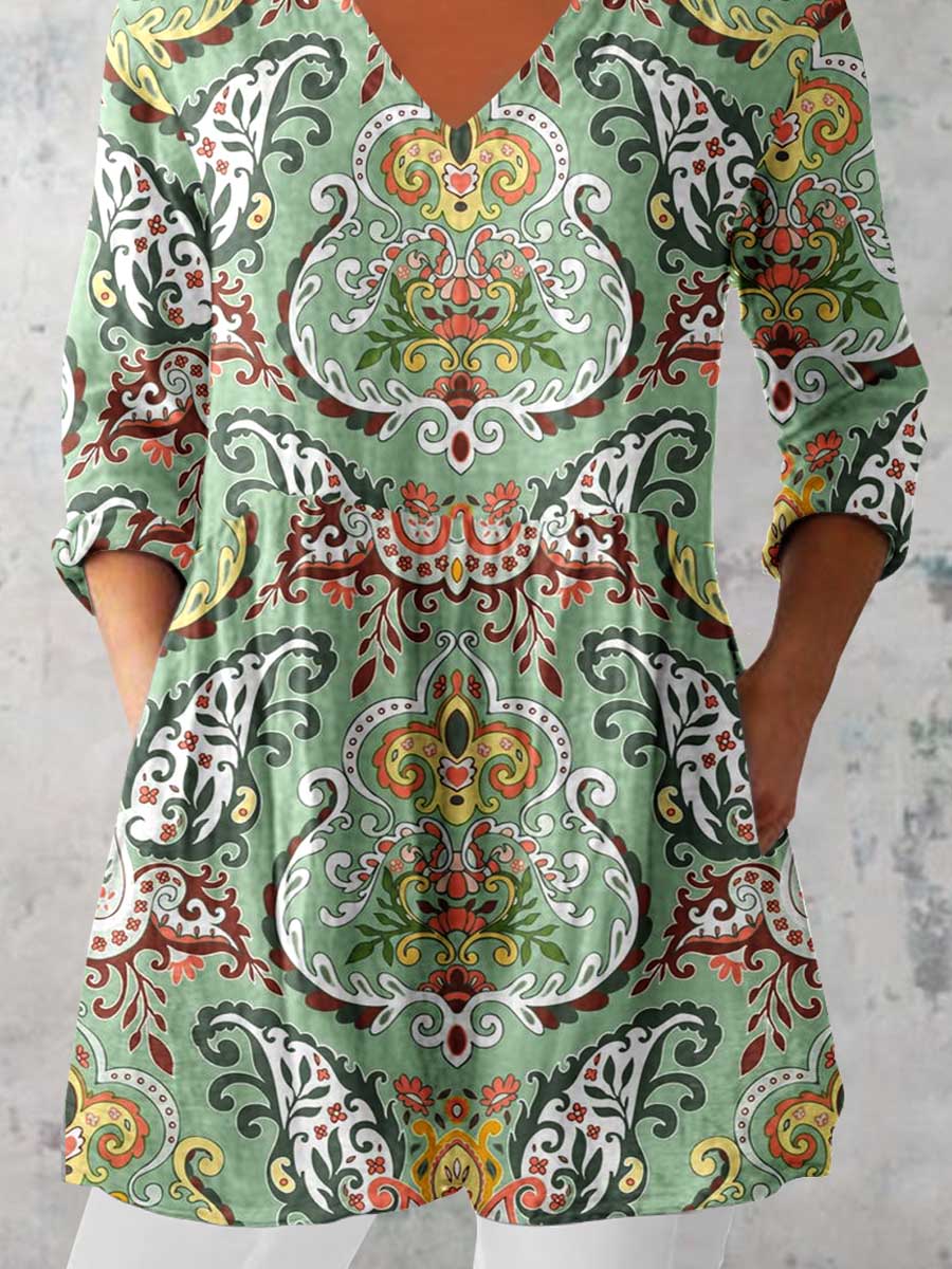 Women's Classic Retro V Neck Floral Pattern   Top