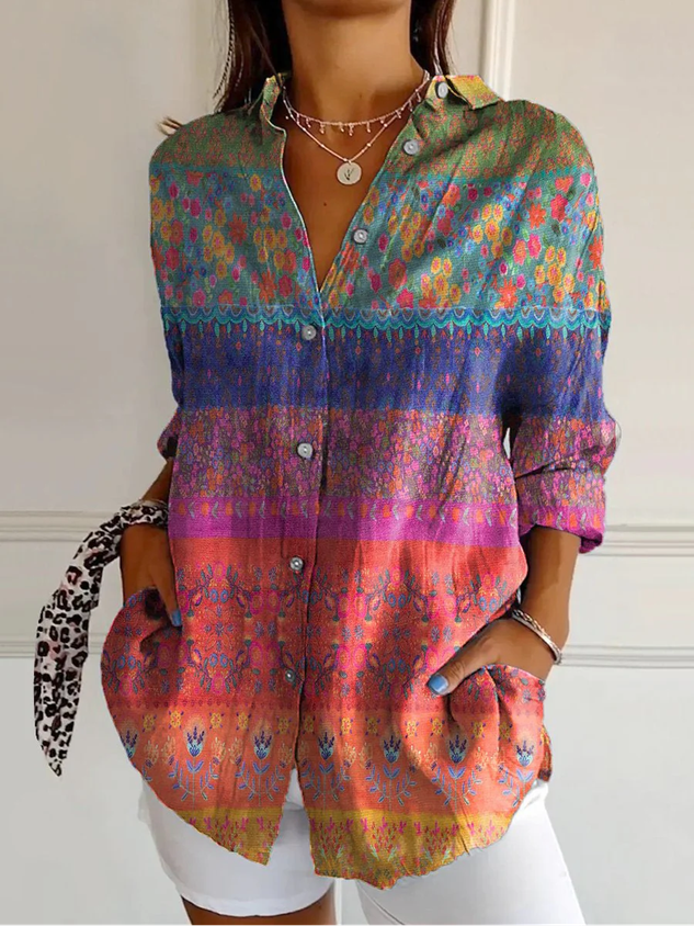 Women's Shirt Cotton Button Up Floral Geometric Basic Blouse Casual Long Sleeve Shirt Collar Daily Top