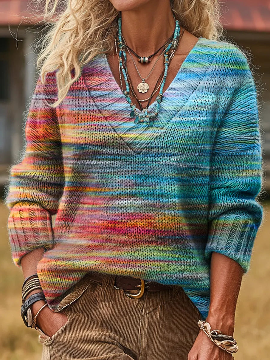 Bohemian-style Colorful Striped Art Print Casual Long-sleeved V-neck Knit Sweater