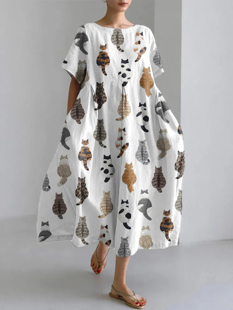 Cute Cats Embroidery Pattern Linen Blend Dress