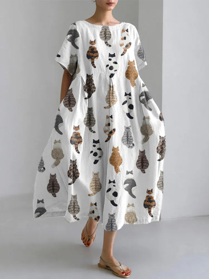 Cute Cats Embroidery Pattern Linen Blend Dress