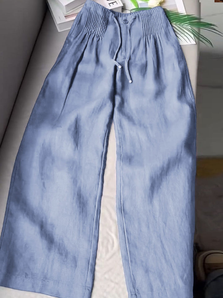 Women's Solid Color Pleated Drawstring Casual100% Cotton and Linen Wide Leg Pants
