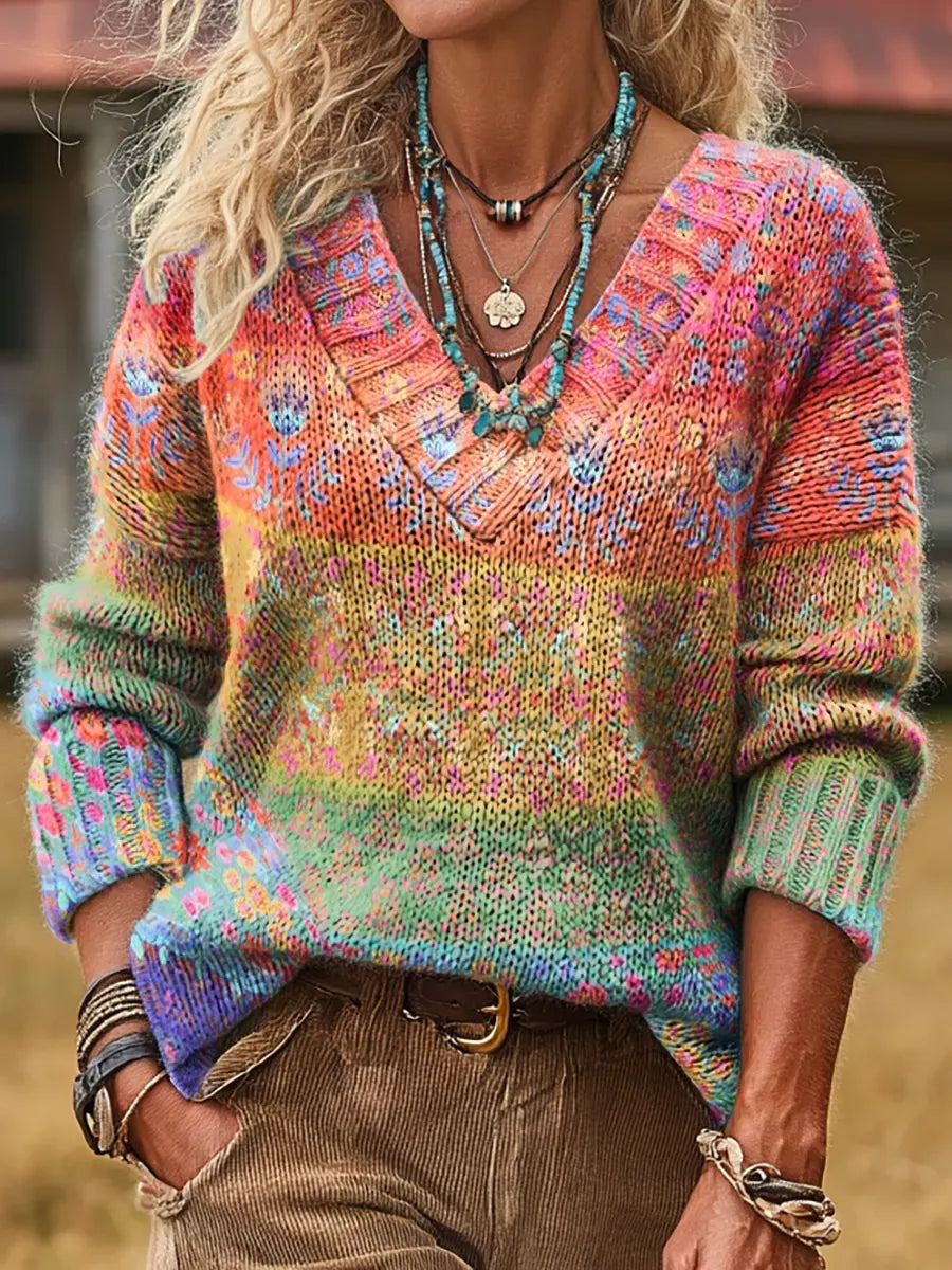 Women's Rainbow Bohemian Floral Collage Art Print Comfortable V-Neck Knit Sweater
