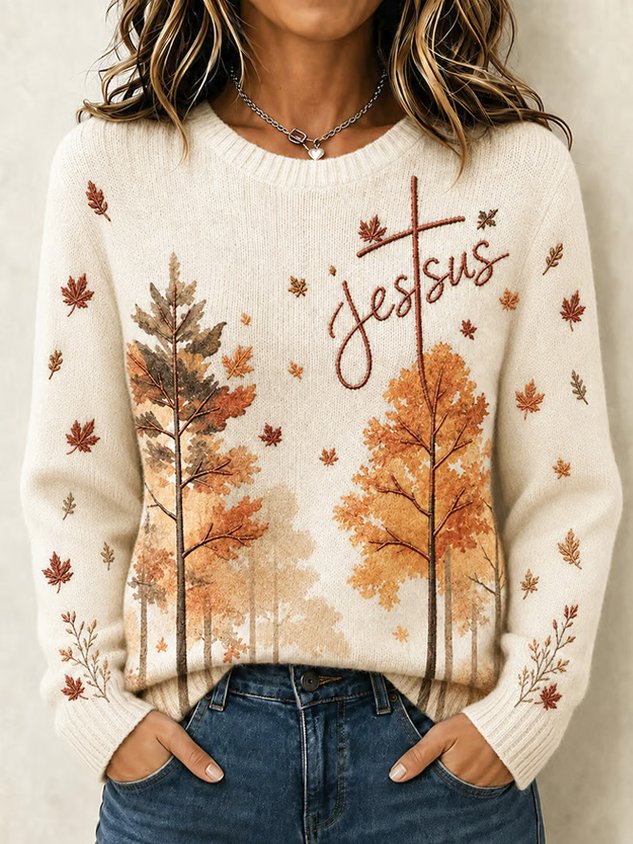 Casual Maple Leaf Crew Neck Long Sleeve Sweatshirt