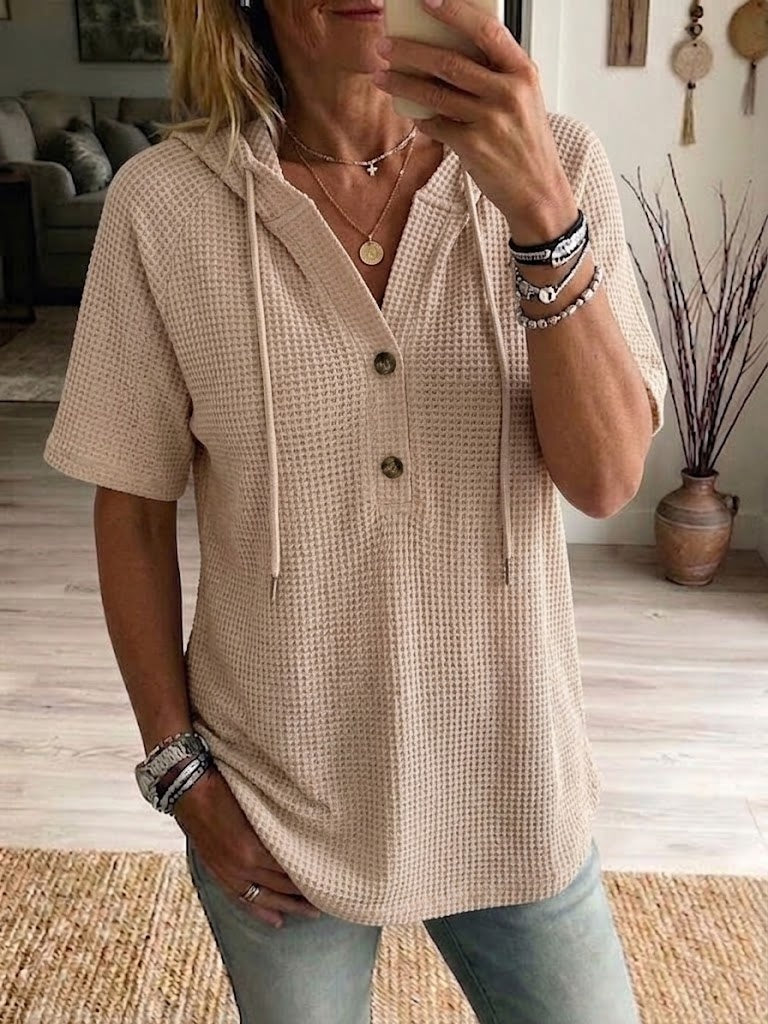 Women's Hooded Waffle Knit Short-sleeve Top